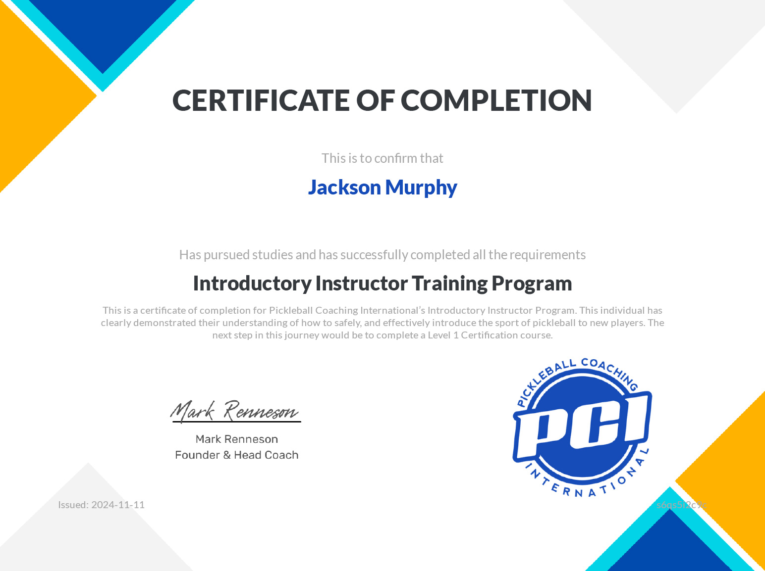 Pickleball Coaching International certificate of completion